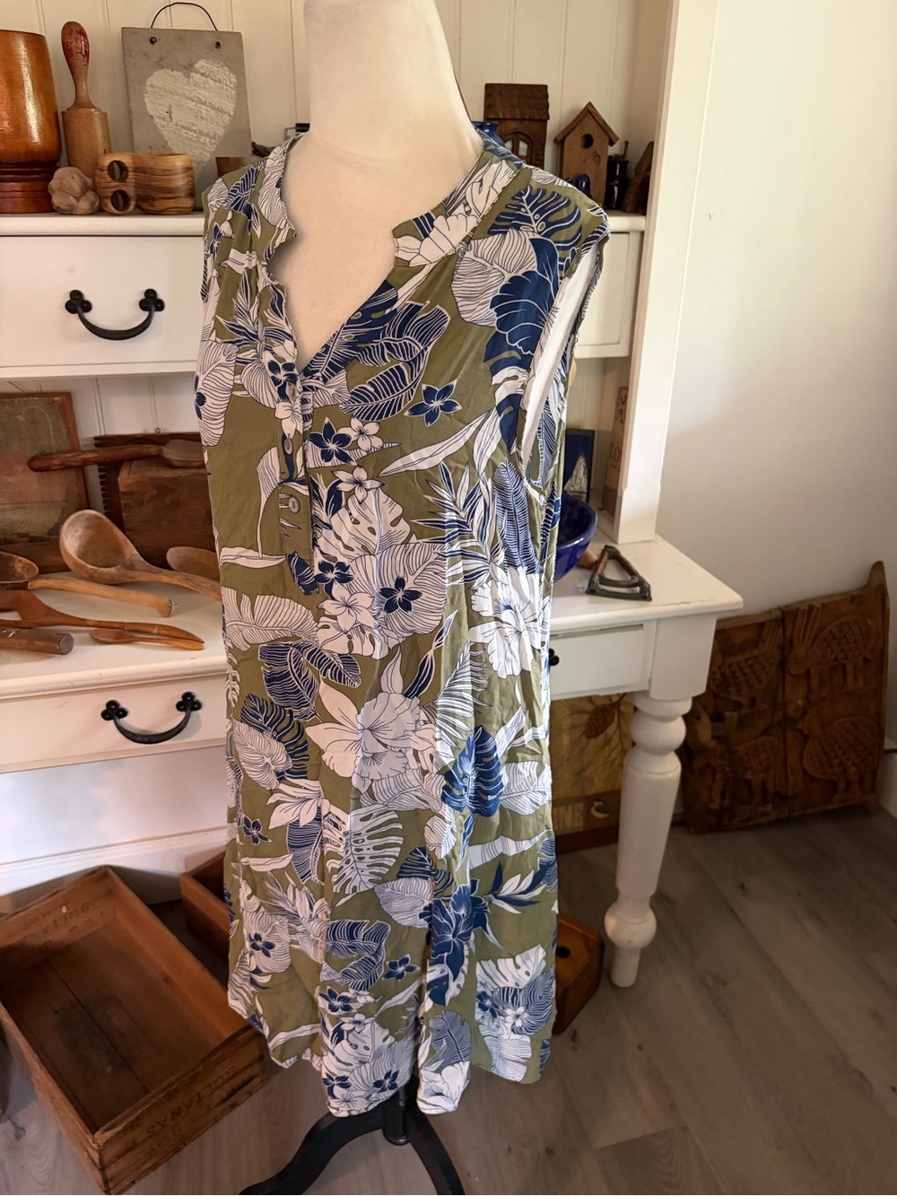Papillon Sleeveless Olive & Blue Floral Women’s Dress
